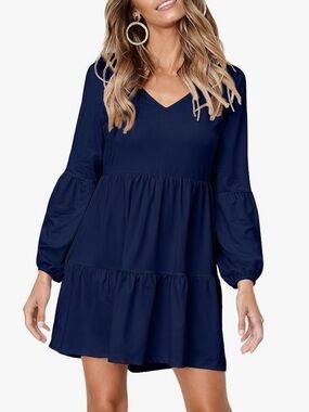 Women's Navy V-Neck Tiered Long-Sleeve Dress